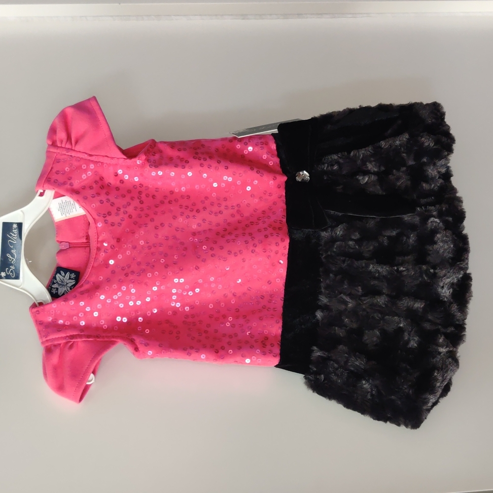 So La Vita Girls Pink Black Dress Rhinestone Cap Sleeve Lined Bow Pageant